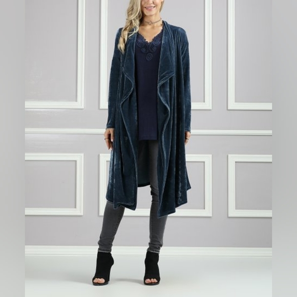Suzanne Betro Sweaters - Suzanne Betro Blue Velvet Draped Duater Cardigan Long Boho Bohemian Formal